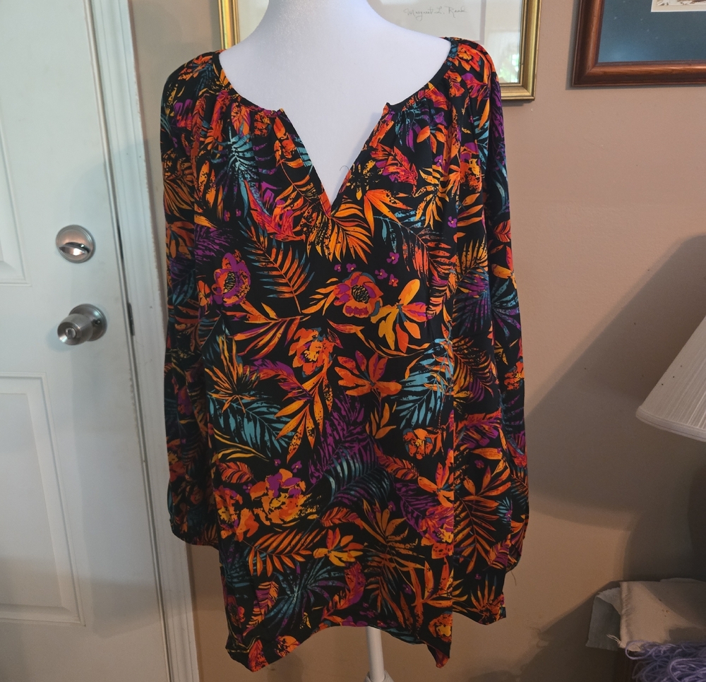 Tropical Floral Peasant Tunic in Black with Bright Florals